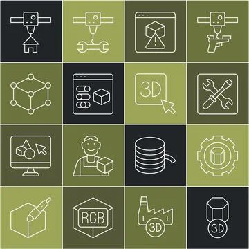 Set line 3D printer, setting, Isometric cube, house and icon. Vector Stock Illustration