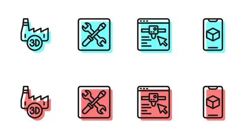 Set line 3D printer setting, Printing house industry, and software icon. Vector Illustrazione stock