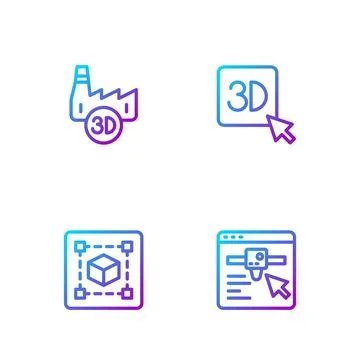 Set line 3D printer setting, Geometric figure Cube, Printing house industry and Illustrazione stock