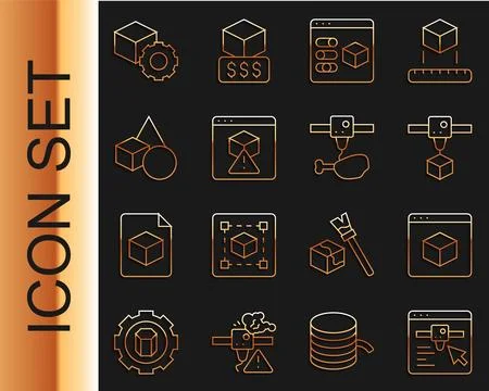 Set line 3D printer setting, cube, Basic geometric shapes, Isometric and chicken Illustrazione stock