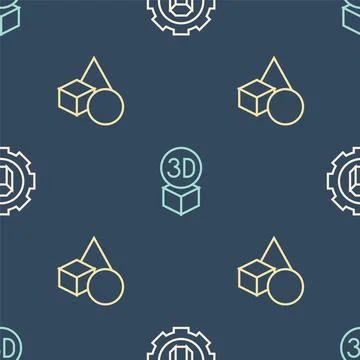 Set line 3D printer setting, Basic geometric shapes and Isometric cube on 스톡 일러스트