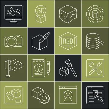 Set line 3D printer setting, Filament for, Isometric cube, 3d pen tool, Photo Ilustração Stock