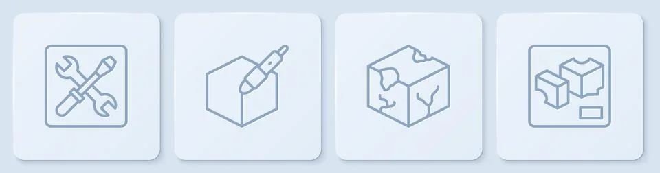 Set line 3D printer setting, Isometric cube, 3d pen tool and . White square Illustrazione stock