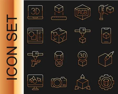 Set line 3D printer setting, 3d pen tool, software, RGB and CMYK color mixi.. Ilustração Stock