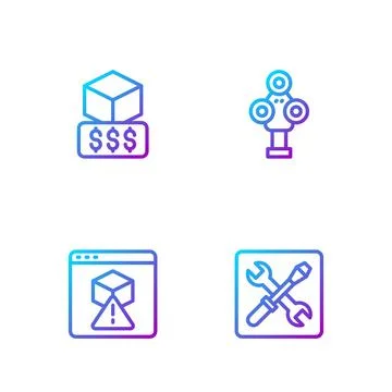 Set line 3D printer setting, , services and scanner. Gradient color icons. .. Illustrazione stock