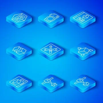 Set line 3D printer, setting, house, Isometric cube, Layers, RGB and CMYK c.. Stock Illustration