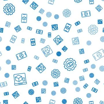 Set line 3D printer, setting and software on seamless pattern. Vector Stock Illustration