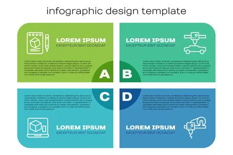 Set line 3D printer, Sketch on paper, and car. Business infographic template Illustrazione stock