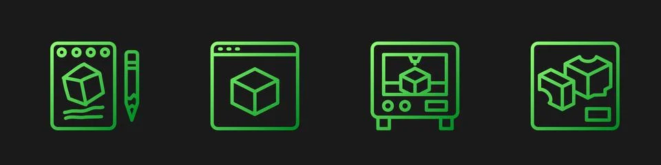 Set line 3D printer, Sketch on paper,  and . Gradient color icons. Vector 스톡 일러스트