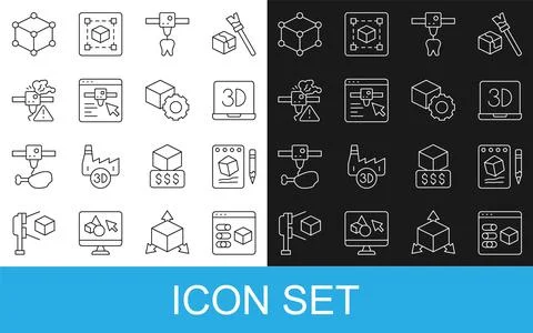 Set line 3D printer, Sketch on paper, tooth, setting, warning, Isometric cu.. Stock Illustration