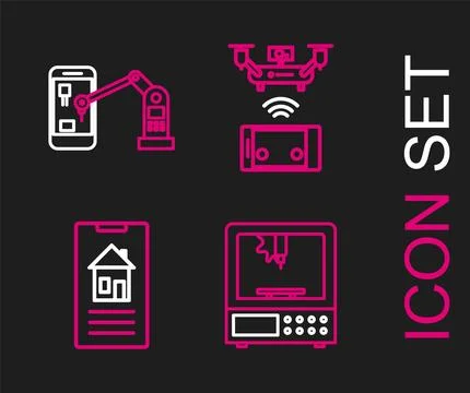 Set line 3D printer, Smart home, Remote aerial drone and Industrial machine Stock Illustration