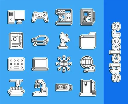Set line 3D printer, Social network, Document folder, Coffee machine, Electric Stock Illustration