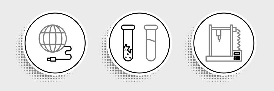 Set line 3D printer, Social network and Test tube and flask icon. Vector 스톡 일러스트