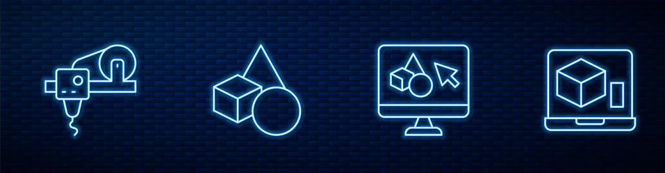 Set line 3D printer software, , Basic geometric shapes and . Glowing neon icon Ilustração Stock