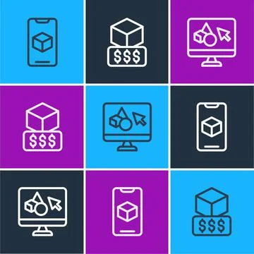 Set line 3D printer software, and services icon. Vector Ilustração Stock