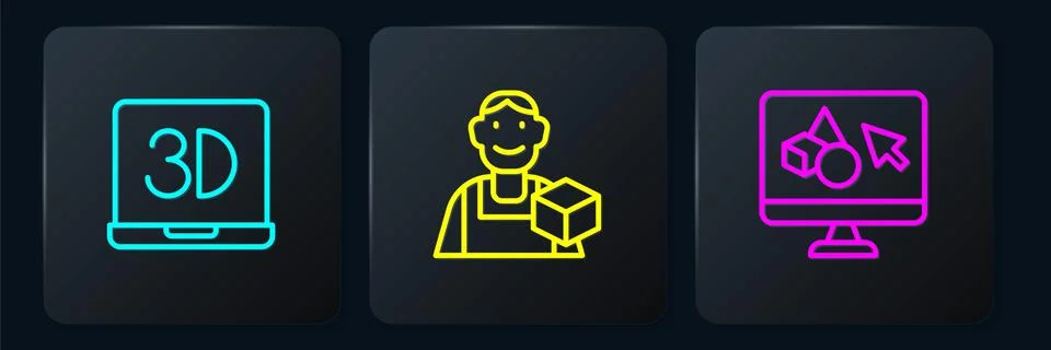 Set line 3D printer, software and Graphic designer. Black square button. Vect Ilustração Stock