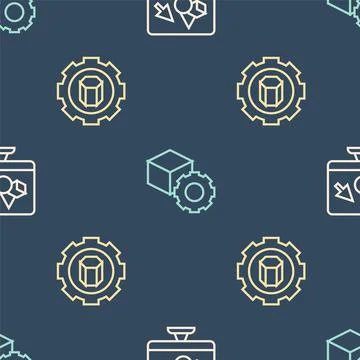 Set line 3D printer software, setting and Isometric cube on seamless pattern. Illustrazione stock