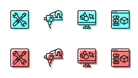 Set line 3D printer software, setting, and icon. Vector Ilustração Stock