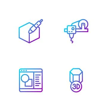 Set line 3D printer, software, 3d pen tool and . Gradient color icons. Vector Stock Illustration