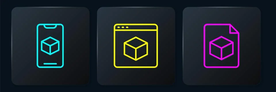 Set line 3D printer software, Isometric cube file and . Black square button Ilustração Stock