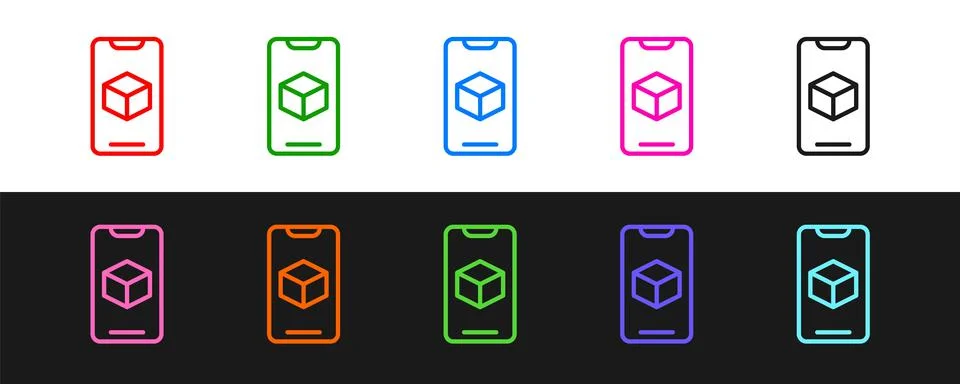 Set line 3D printer software icon isolated on black and white background. 3d Stock Illustration