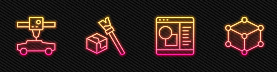 Set line 3D printer software, car, Isometric cube and . Glowing neon icon Ilustração Stock