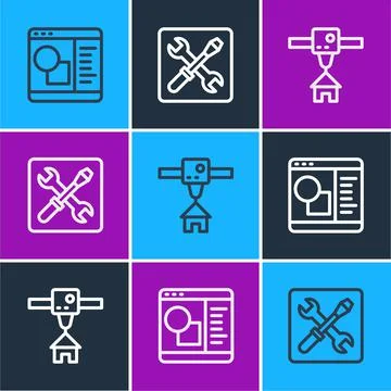 Set line 3D printer software, house and setting icon. Vector Ilustração Stock