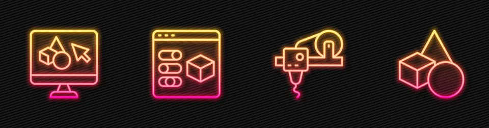 Set line 3D printer, software, and Basic geometric shapes. Glowing neon icon Illustrazione stock