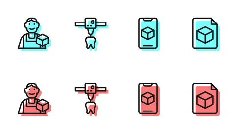Set line 3D printer software, Graphic designer, tooth and Isometric cube file Ilustração Stock