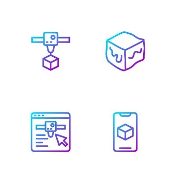 Set line 3D printer software, setting, cube and Isometric. Gradient color icons Ilustração Stock