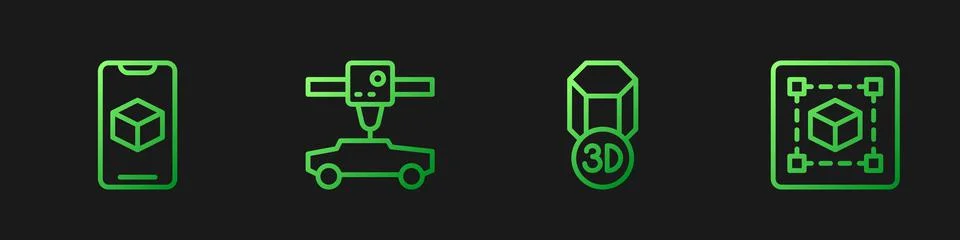 Set line 3D printer, software, car and Geometric figure Cube. Gradient color Ilustração Stock