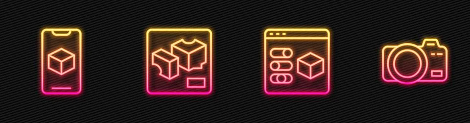 Set line 3D printer, software, and Photo camera. Glowing neon icon. Vector Ilustração Stock