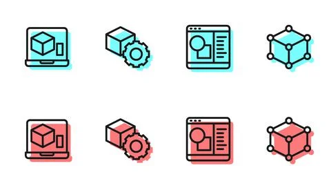 Set line 3D printer software, , Isometric cube and icon. Vector Stock Illustration
