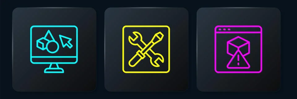 Set line 3D printer software, and setting. Black square button. Vector Ilustração Stock