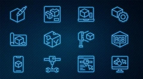Set line 3D printer software, RGB and CMYK color mixing, Isometric cube Ilustração Stock