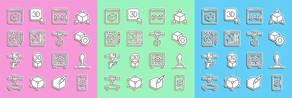 Set line 3D printer software, model, Isometric cube, perfect copy, Sketch on Ilustração Stock