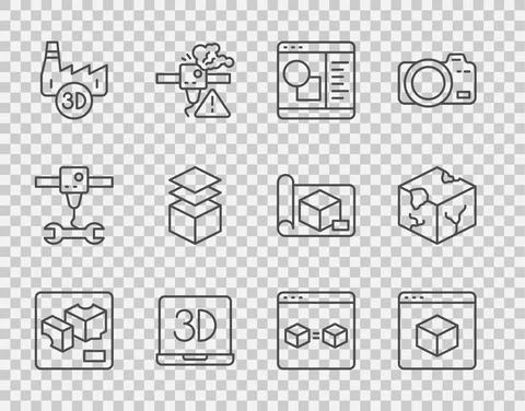 Set line 3D printer, software, Printing house industry, Layers, perfect copy and Ilustração Stock