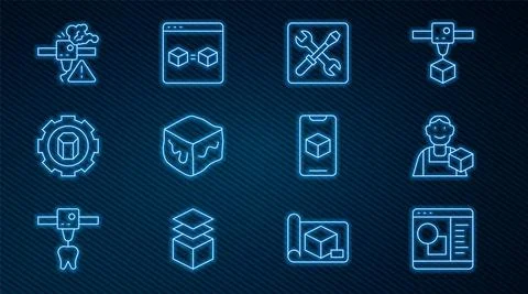 Set line 3D printer software, Graphic designer, setting, Isometric cube, warning Ilustração Stock