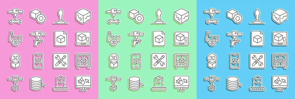 Set line 3D printer software, model, gun, Printing house industry, wrench Ilustração Stock