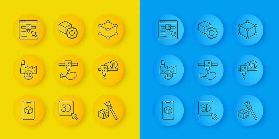 Set line 3D printer software, Printing house industry, chicken leg, Isometric Ilustração Stock