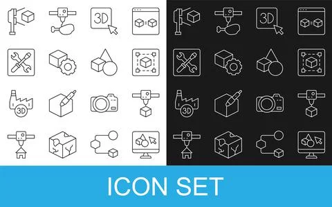 Set line 3D printer software, cube, Geometric figure Cube, Isometric, setting Illustrazione stock