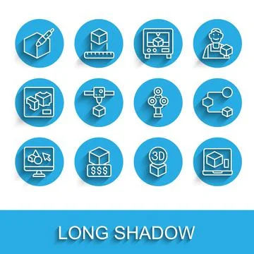 Set line 3D printer software, services, 3d pen tool, Isometric cube, and scanner Ilustração Stock