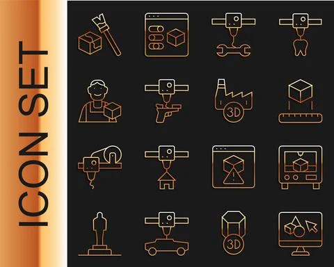 Set line 3D printer software, Isometric cube, wrench spanner, gun, Graphic Ilustração Stock
