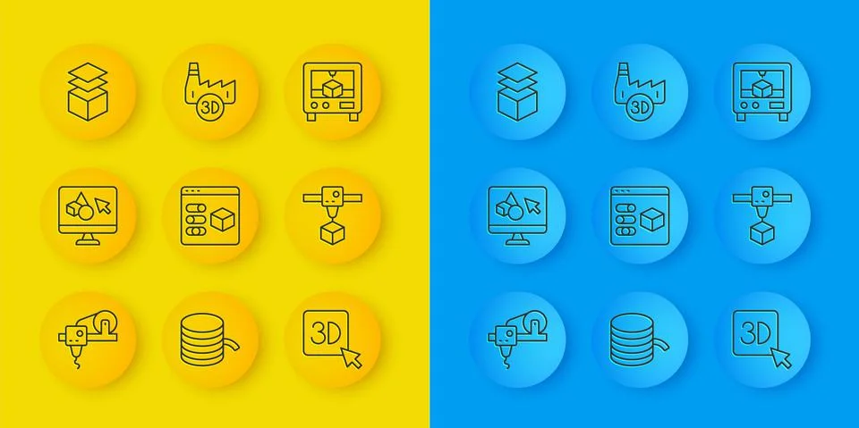 Set line 3D printer, software, cube, Layers, and Printing house industry icon Ilustração Stock