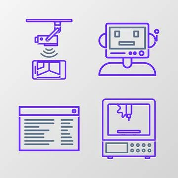 Set line 3D printer, Software, web developer programming code, Robot and 스톡 일러스트