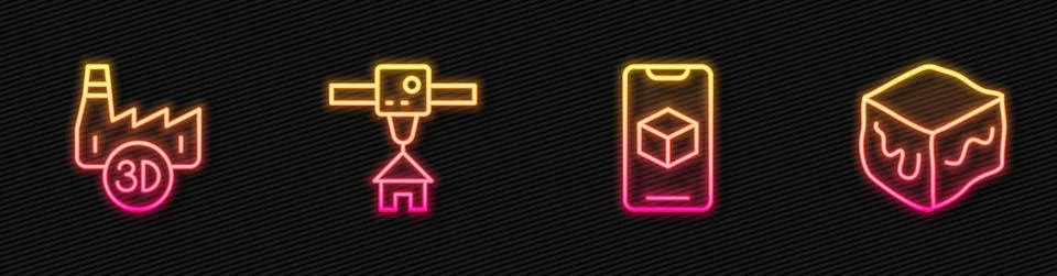 Set line 3D printer software, Printing house industry, and Isometric cube Ilustração Stock