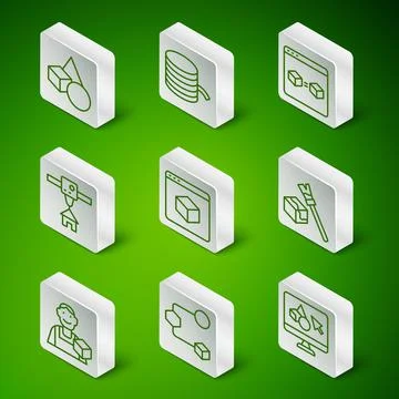 Set line 3D printer software, Isometric cube, Basic geometric shapes, house Illustrazione stock