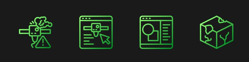 Set line 3D printer software, warning, setting and Isometric cube. Gradient Ilustração Stock
