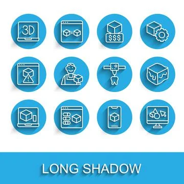 Set line 3D printer, software, Graphic designer, Isometric cube and tooth icon Ilustração Stock