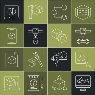 Set line 3D printer software, wrench spanner, Isometric cube, tooth, and icon Ilustração Stock